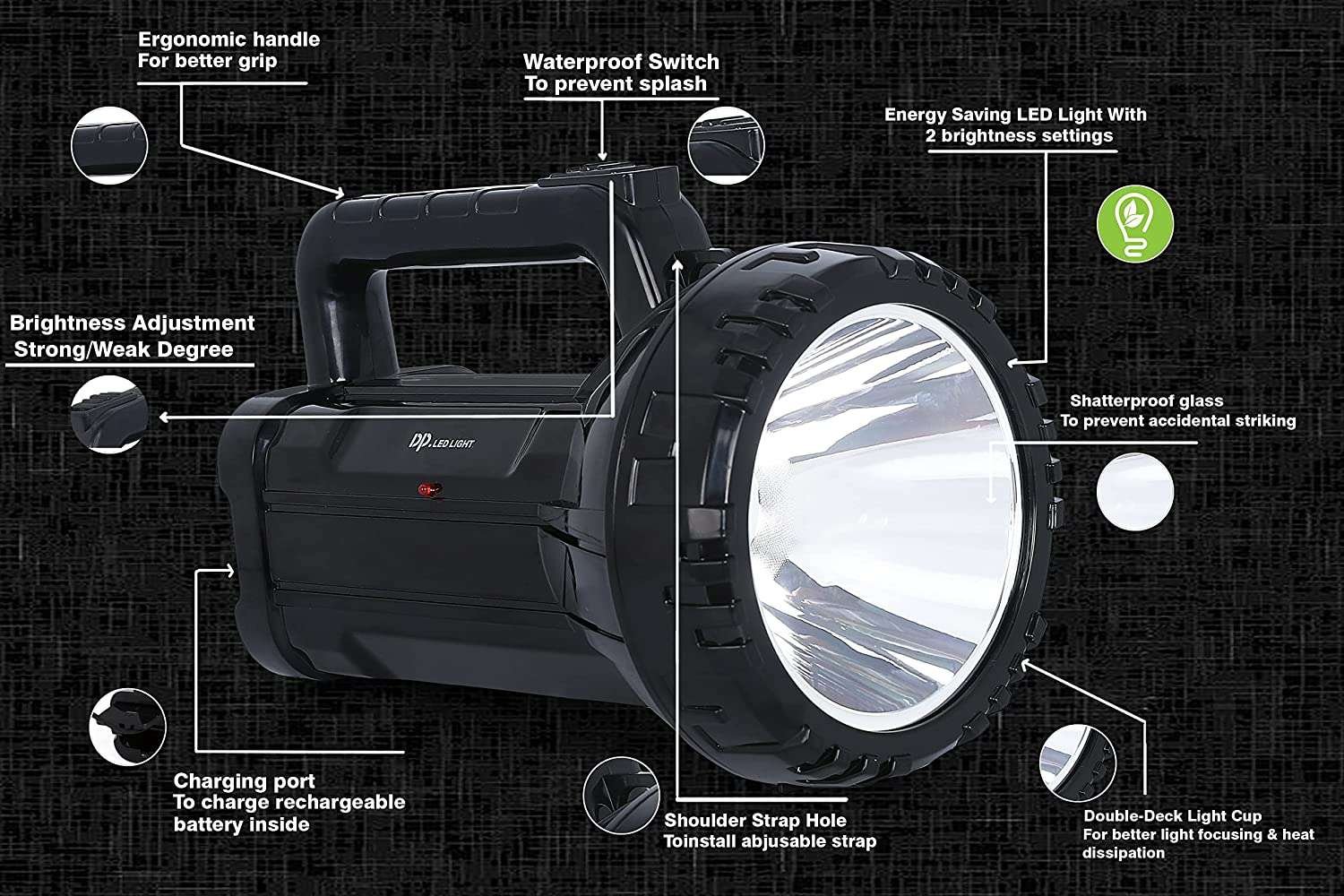 Rechargeable Bright LED Flashlight Torch 75W High Powered Searchlight Built-In Battery