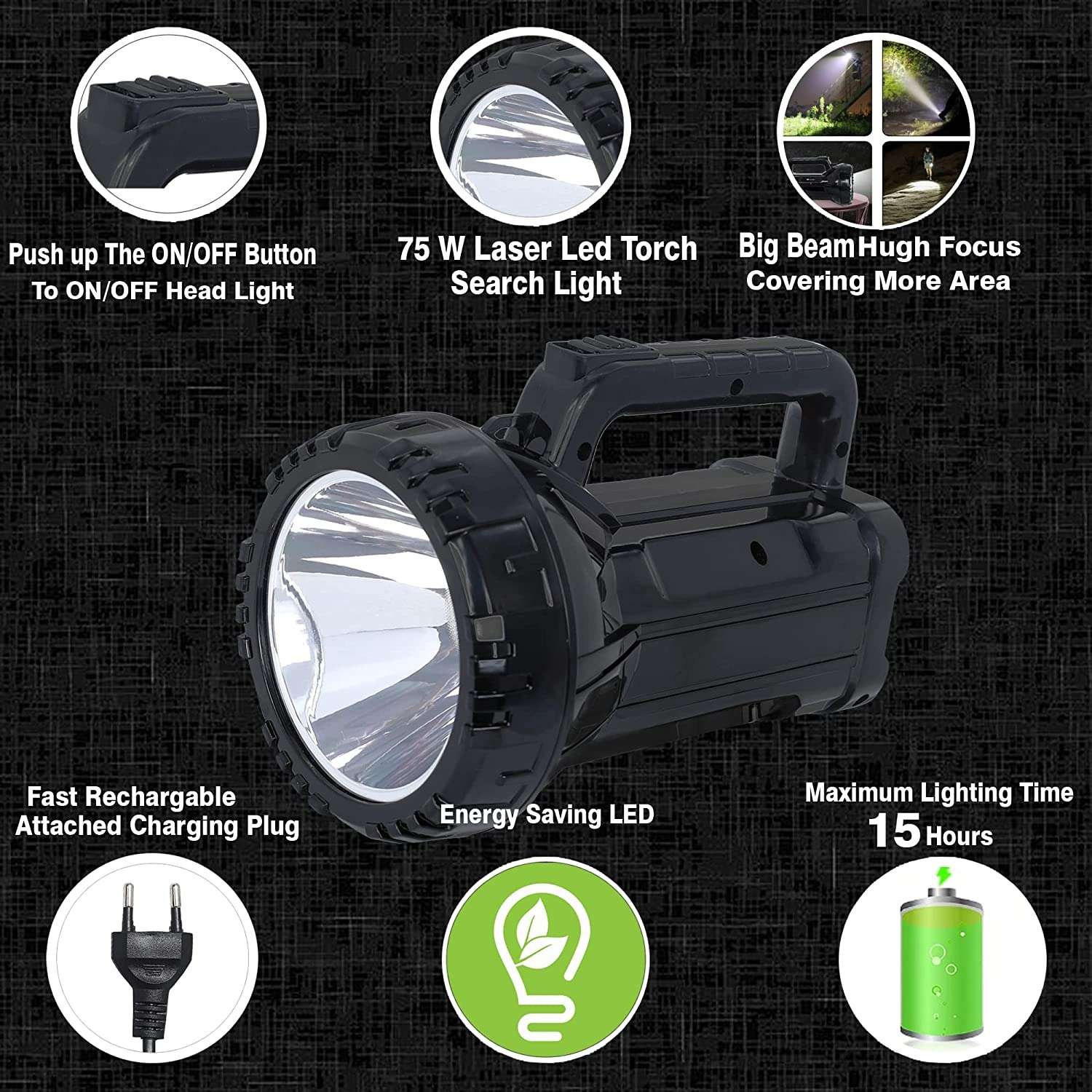 Rechargeable Bright LED Flashlight Torch 75W High Powered Searchlight Built-In Battery