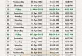 Ramzan Calendar 2023 for Lahore