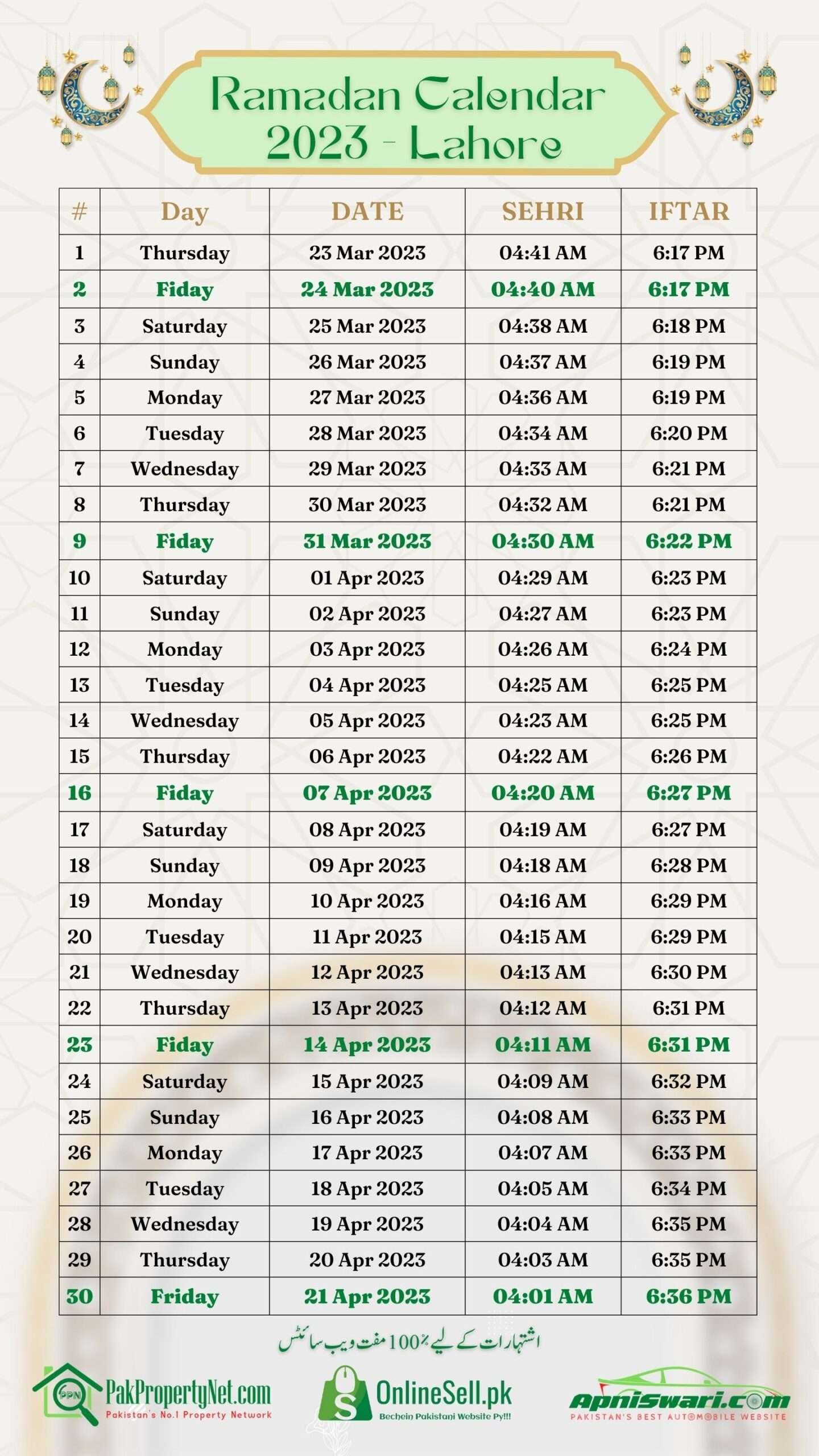 Ramzan Calendar 2023 for Lahore