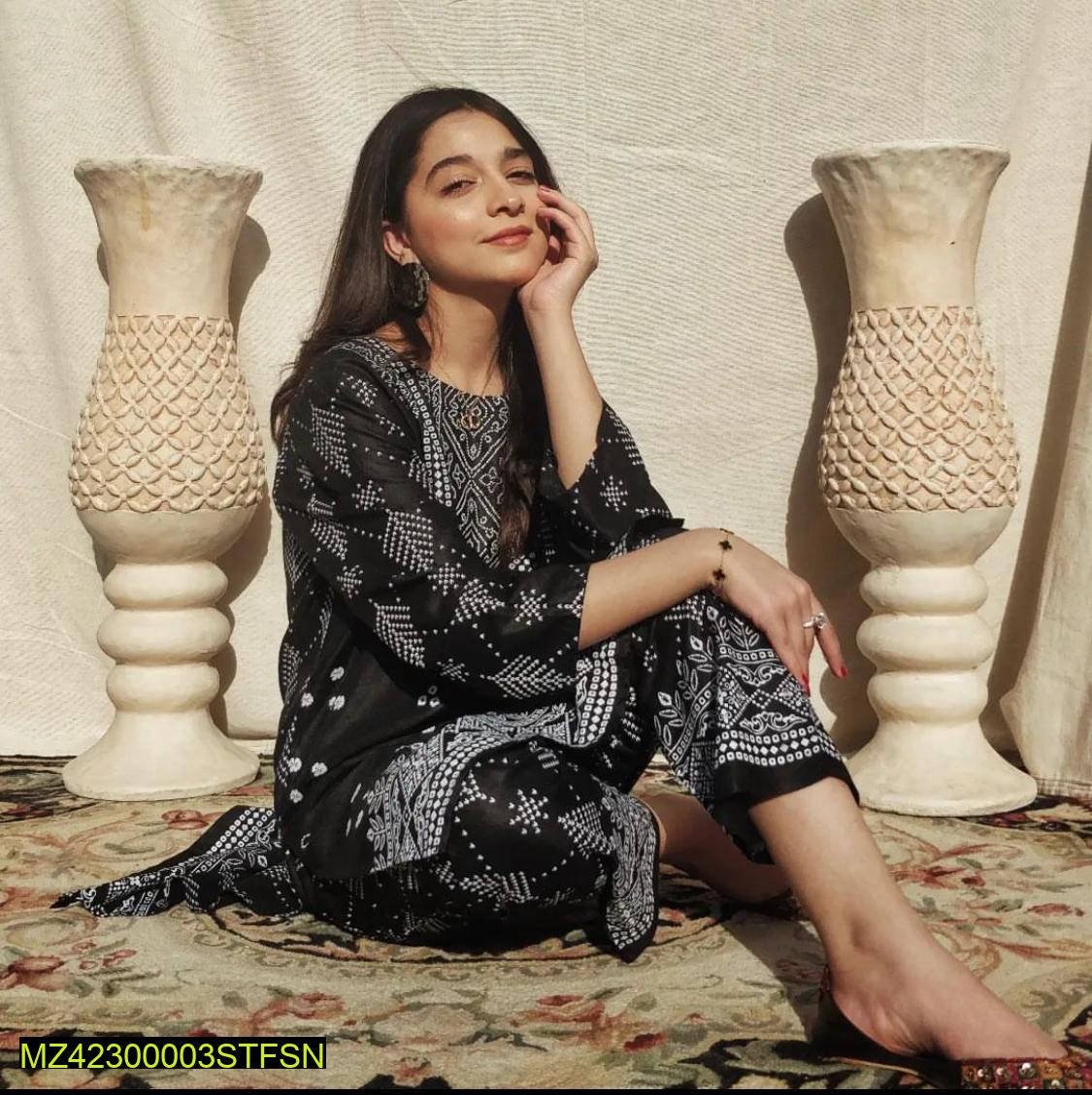 2 Pcs Women Arabic Lawn Chunri Stitched Suit