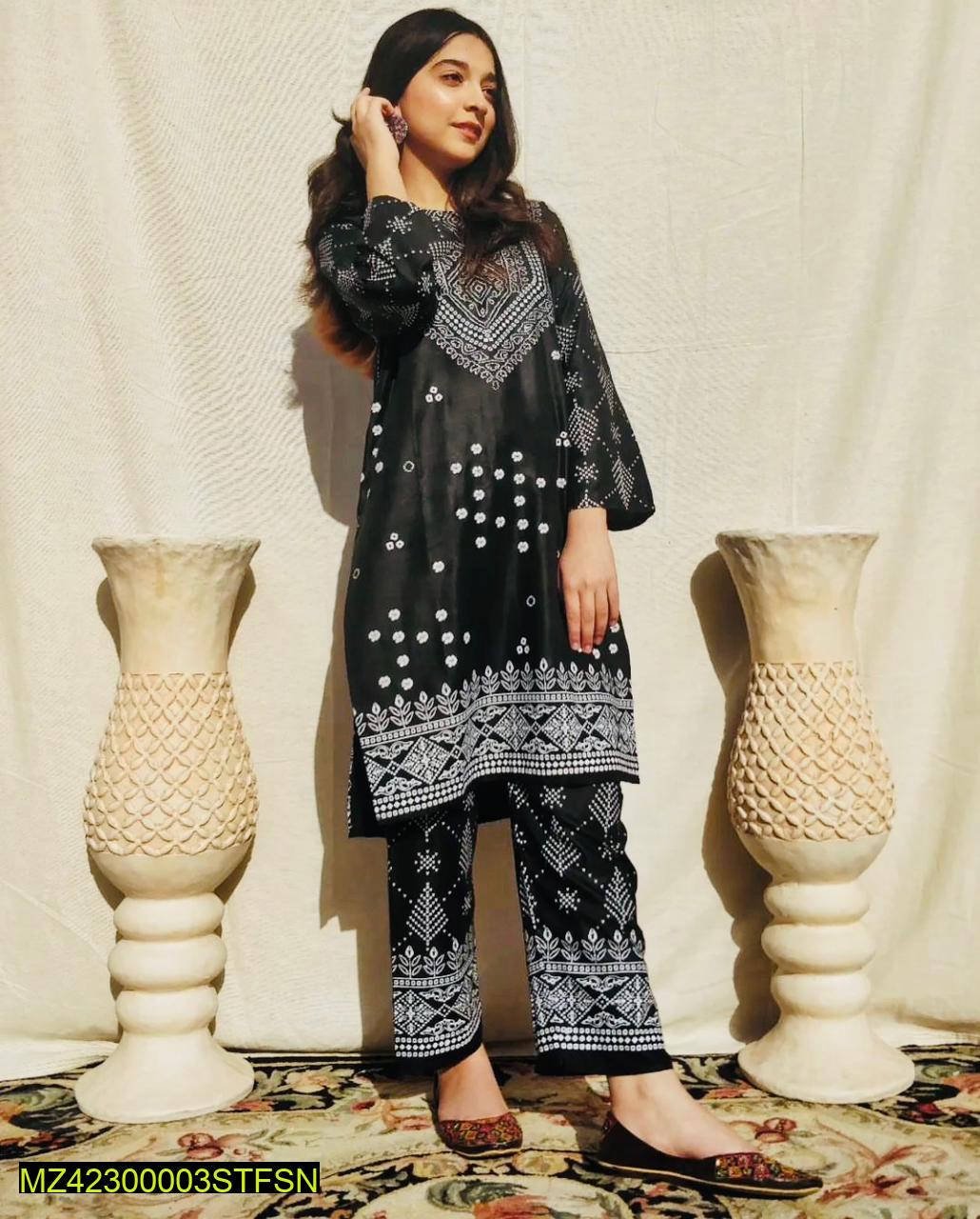 2 Pcs Women Arabic Lawn Chunri Stitched Suit